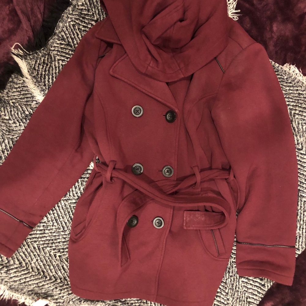 Hooded burgundy peacoat